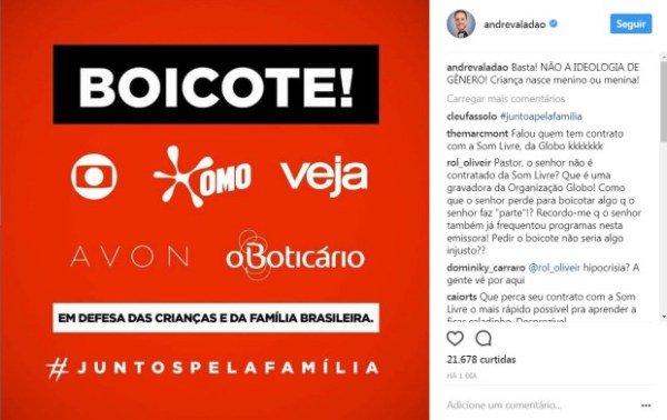 Postagem no perfil do Facebook de André Valadão