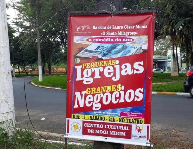 Cartaz de peça teatral que satiriza evangélicos e católicos
