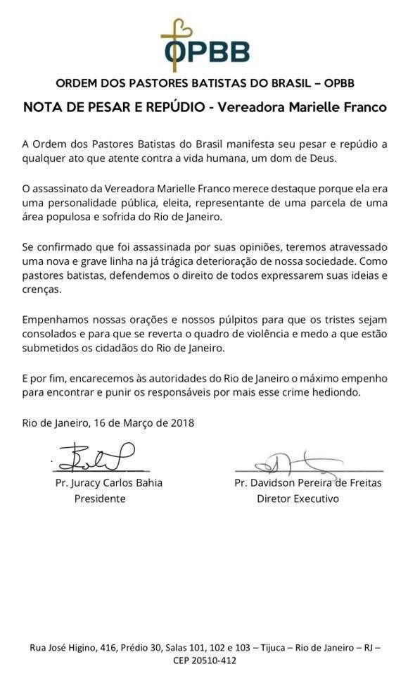 Nota de pesar e repúdio da OPBB sobre o caso da vereadora Marielle Franco