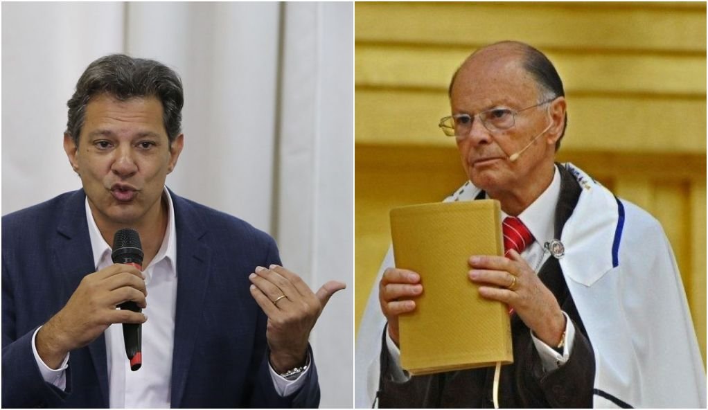O então candidato a presidente do Brasil em 2018, Fernando Haddad e o bispo e líder da Igreja Universal, Edir Macedo (Foto: Arte/Pleno.News)