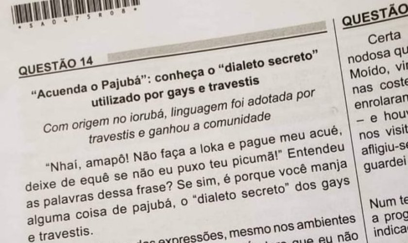 Questão do Enem abordou 'dialeto secreto dos gays e travestis'. (Foto: Reprodução)