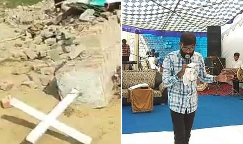 Restos da igreja cristã demolida pelas autoridades indianas (à esquerda) e culto sendo realizado ao ar livre (à direita).