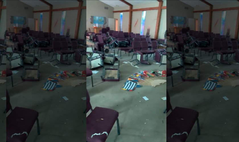 A igreja One Church, em Memphis, teve bancos quebrados e paredes sujas de tinta, além de dinheiro e alto-falantes roubados. (Foto: Fox News)
