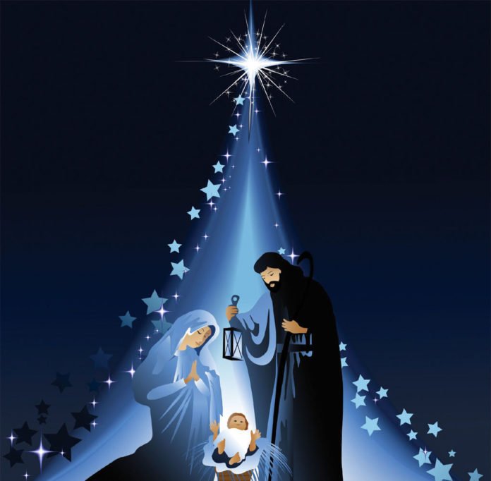 Estrela ilumina o menino Jesus e seus pais, Maria e José (Ilustração) Estrela ilumina o menino Jesus e seus pais, Maria e José (Ilustração)
