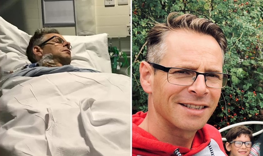 O Pr. Wickland em coma no hospital e hoje recuperado com a família. (Foto: Reprodução/Premier)