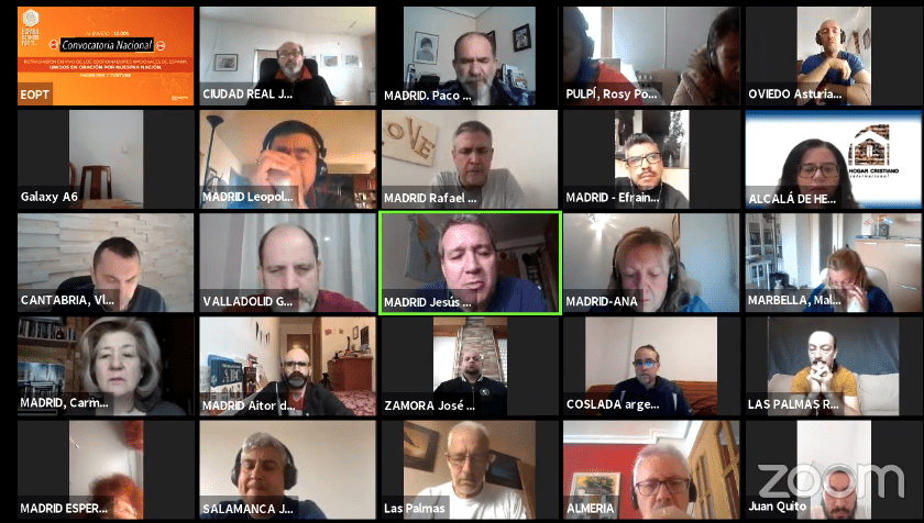 Líderes evangélicos de toda a Espanha se reuniram para um tempo de oração usando a plataforma Zoom, durante a quarentena por causa do coronavírus. / EOPT, Carlos Fumero.