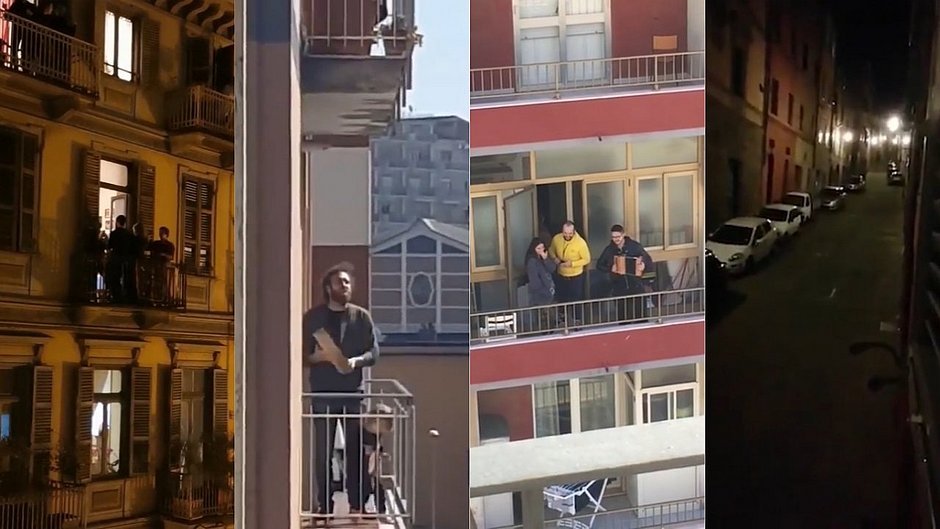 Italianos cantam nas janelas de seus apartamentos durante o período de quarentena por causa do coronavírus.