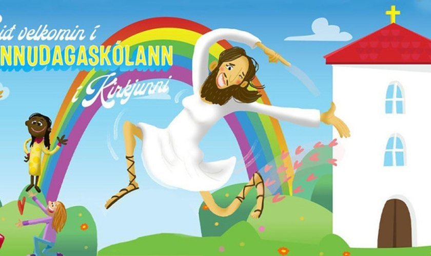 Bem-vindo à escola dominical em sua igreja, diz o texto do anúncio. (Foto: Igreja Nacional da Islândia)