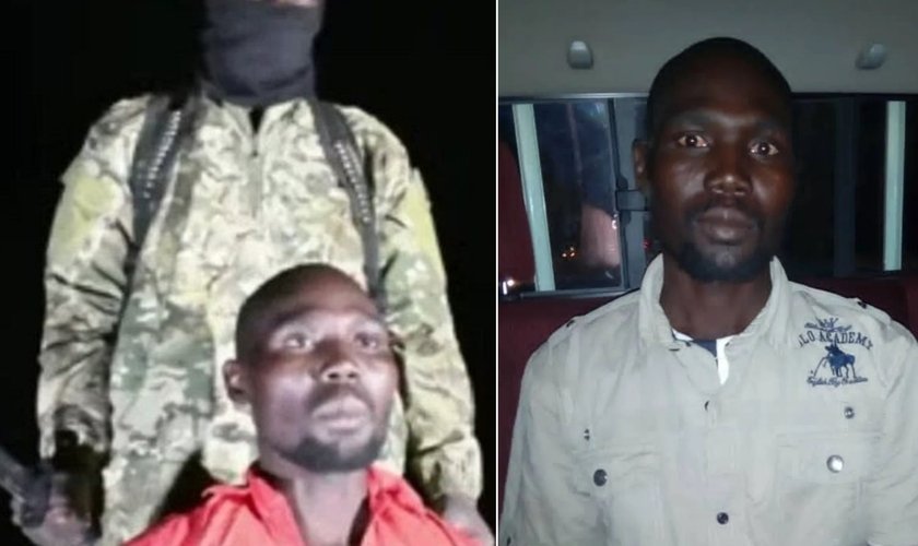 Bulus Yakuru em poder dos sequestradores [à esquerda]; e libertado [à direita]. (Foto: Reprodução / Daily Post / Breitbart)