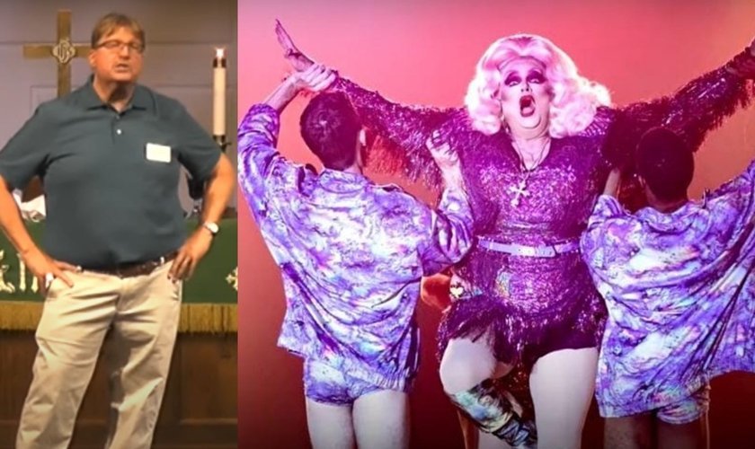 Pastor Craig Duke na igreja (à esquerda) e atuando como drag queen (à direita). (Foto/Montagem Guia-me)