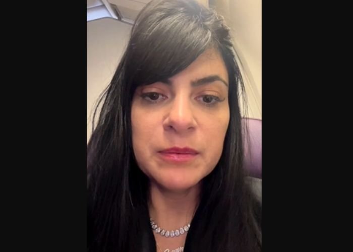 Fernanda Brum durante vídeo dentro do avião onde uma turbina pegou fogo (Foto: Reprodução)
