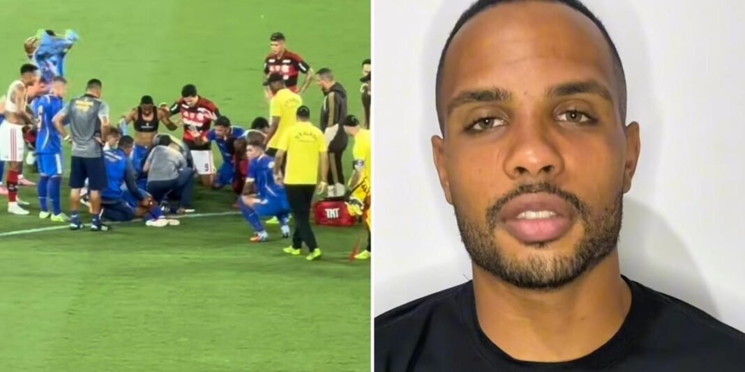 Jogadores ajoelhados em oração no Maracanã enquanto um atleta é atendido no gramado após convulsão.