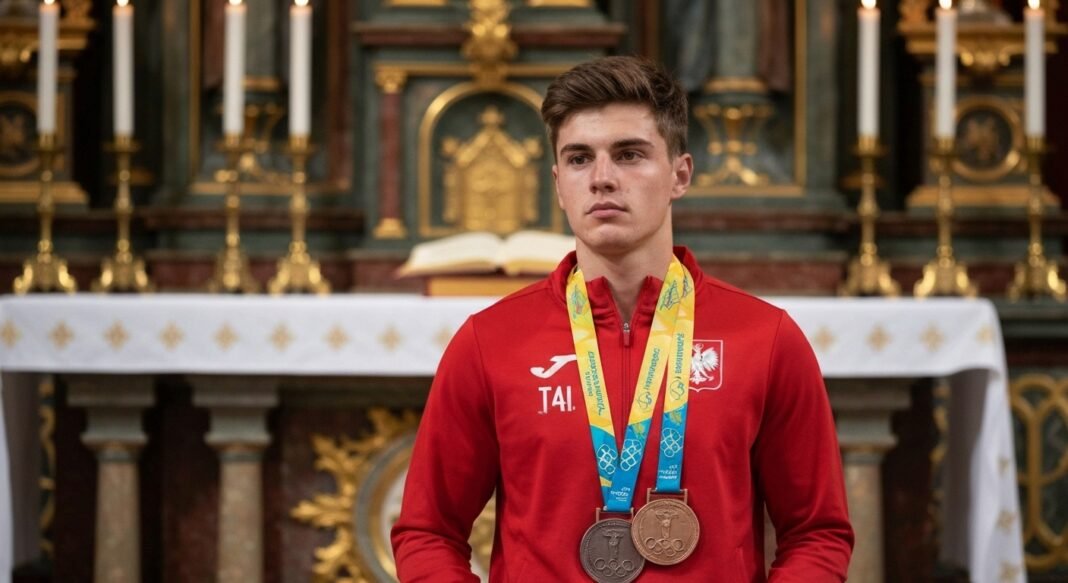 Atleta olímpico polonês ajoelhado em altar de igreja com suas medalhas