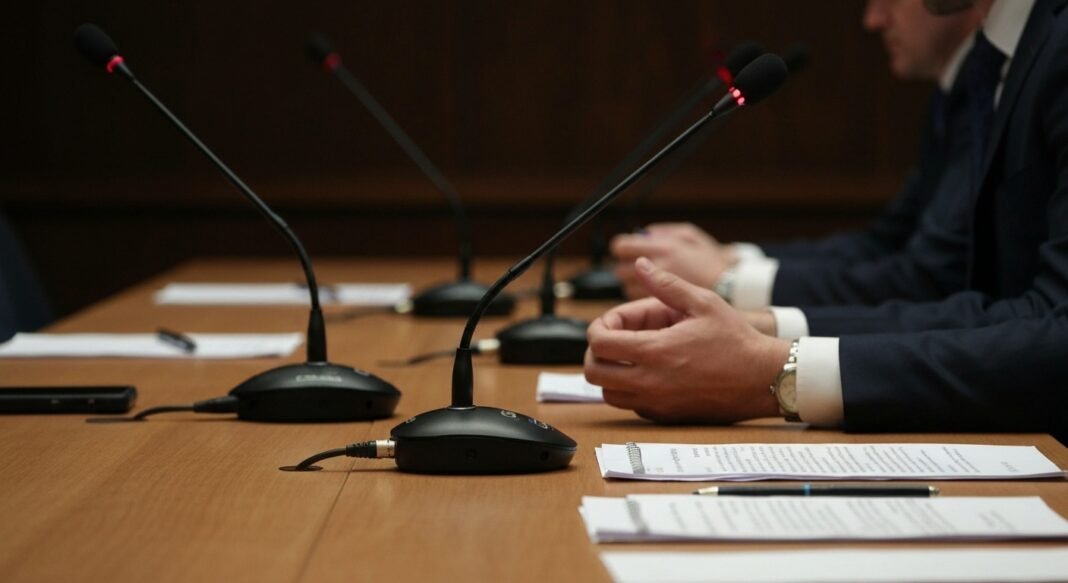 Mesa de entrevistas com microfones, simbolizando debate intenso após entrevista polêmica.
