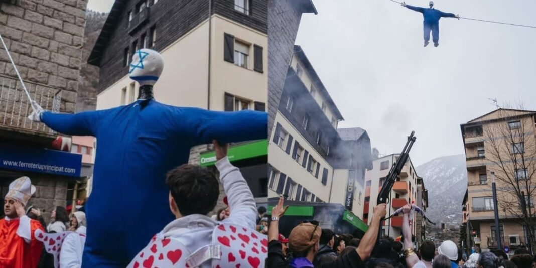 Boneco com Estrela de Davi sendo queimado em celebração de Carnaval em Andorra