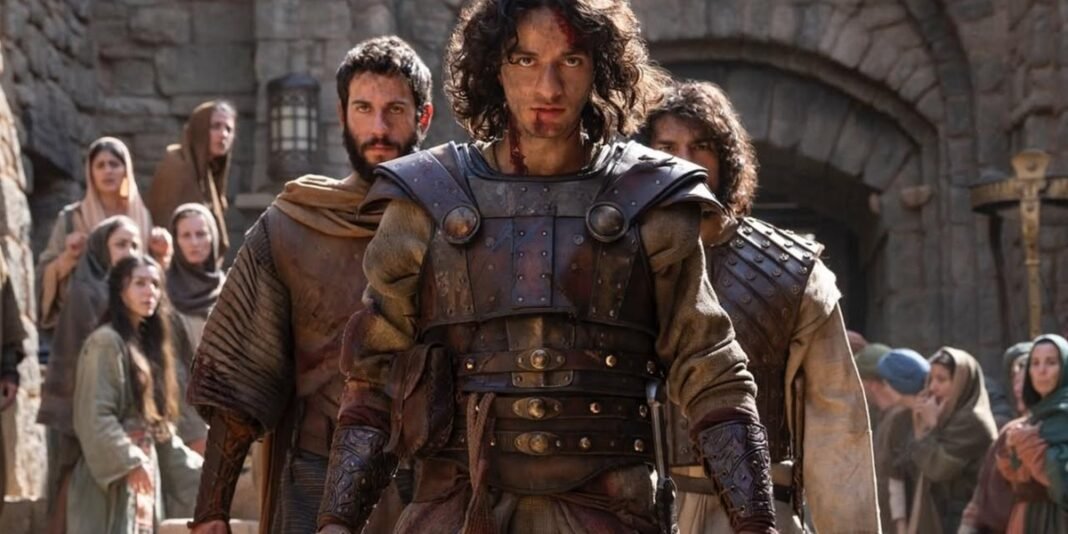 Jovem Davi em armadura se preparando para a batalha com soldados ao fundo, cena da segunda temporada de 