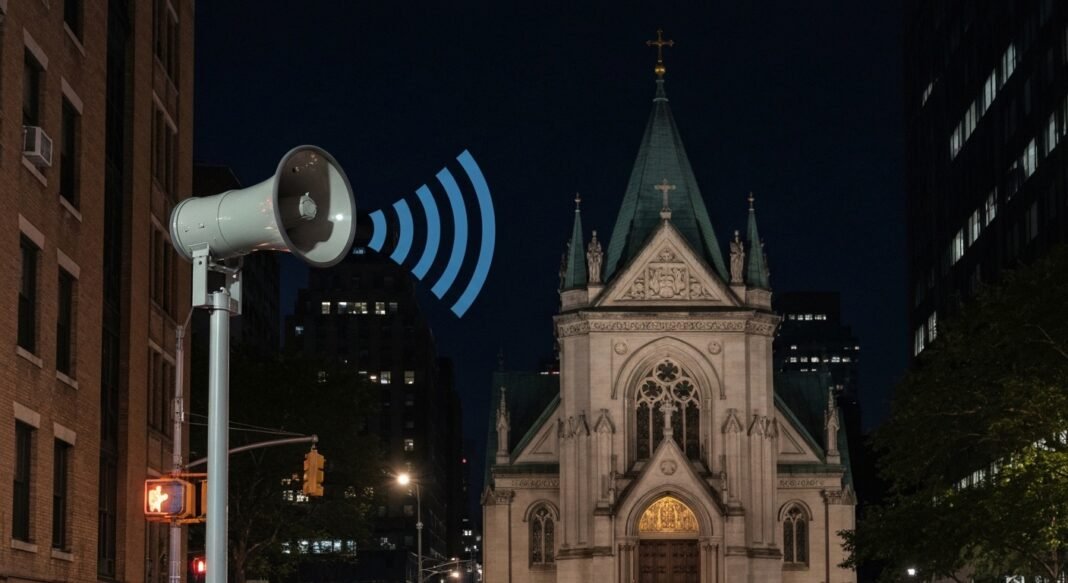 Rua de Nova York com som de chamado islâmico para oração vindo de uma mesquita.