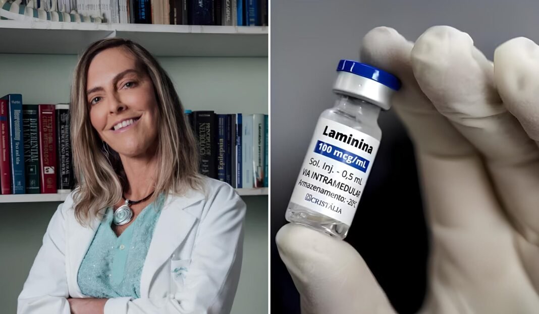 Bioquímica Tatiana Sampaio analisa modelo molecular da polilaminina em laboratório