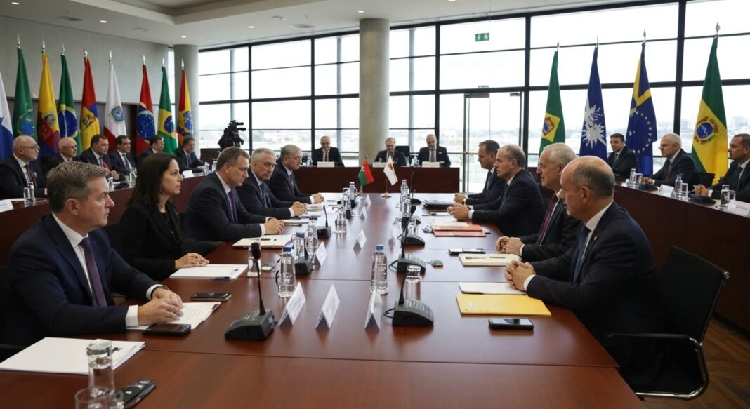 Sala de conferências internacional com bandeiras dos EUA e do Irã, sugerindo negociações diplomáticas
