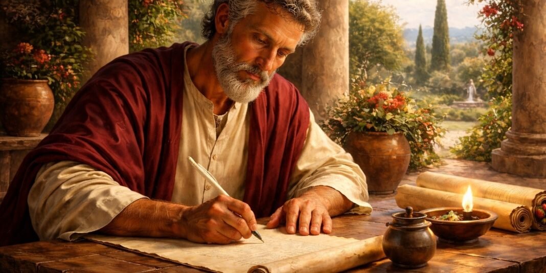 Manuscrito antigo da carta de Filemom com pena e tinta.