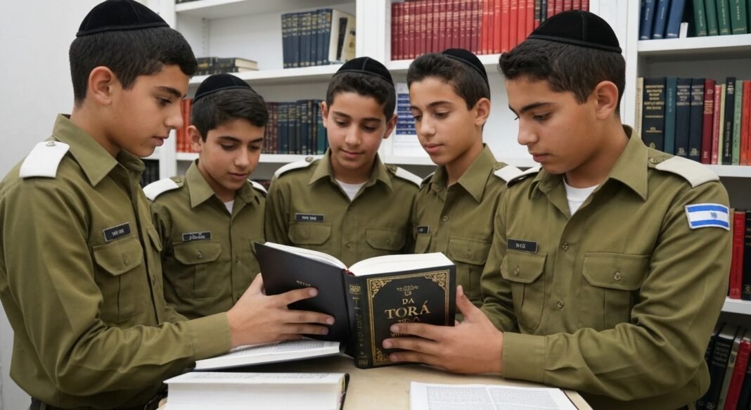 Jovens ultraortodoxos israelenses com uniforme militar e livro da Torá em uma yeshiva