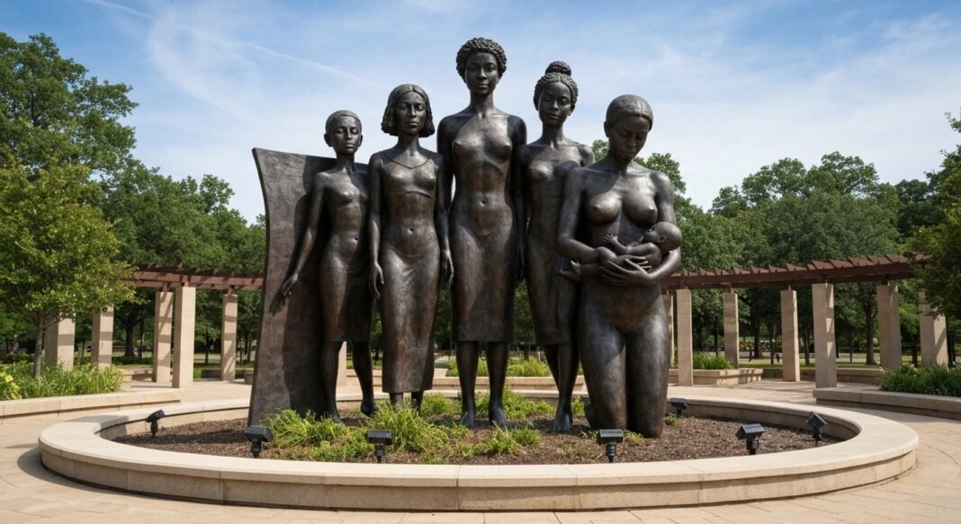 Escultura no John Hope Franklin Reconciliation Park retratando as fases de hostilidade, humilhação e esperança após o Massacre de Tulsa.