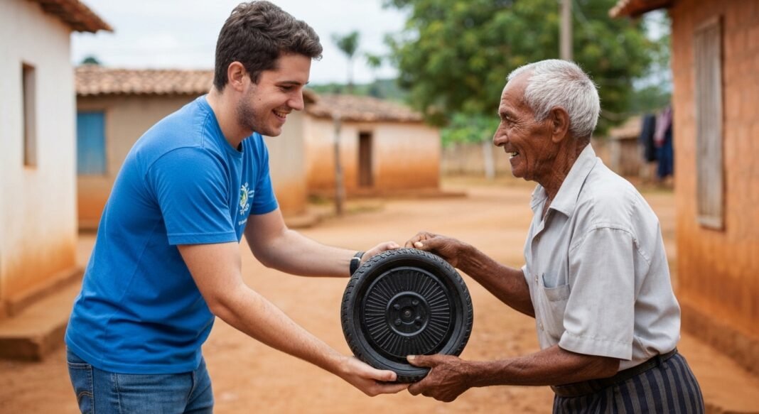 Voluntário entrega cadeira de rodas a idoso, simbolizando esperança e mobilidade restaurada.