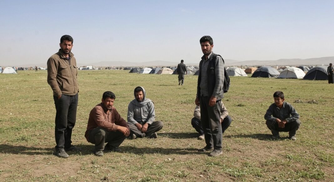 Refugiados iranianos compartilham suas histórias em um acampamento na Armênia, com olhares que expressam sofrimento e resiliência.
