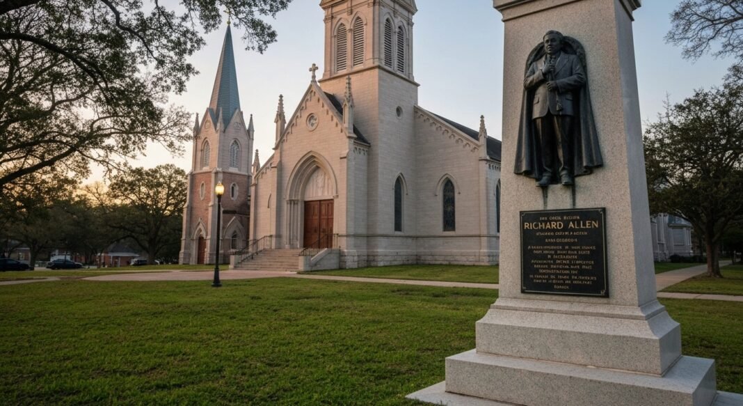 Monumento de Richard Allen em frente à Old Mother Bethel African Methodist Episcopal Church, Filadélfia
