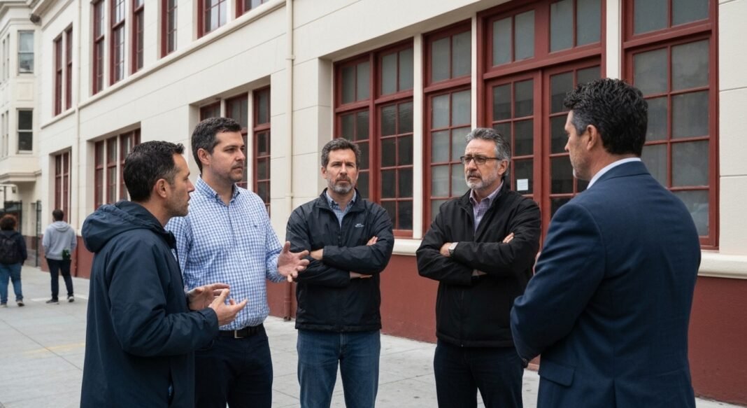 Pais conversando com professor em frente a escola pública em greve