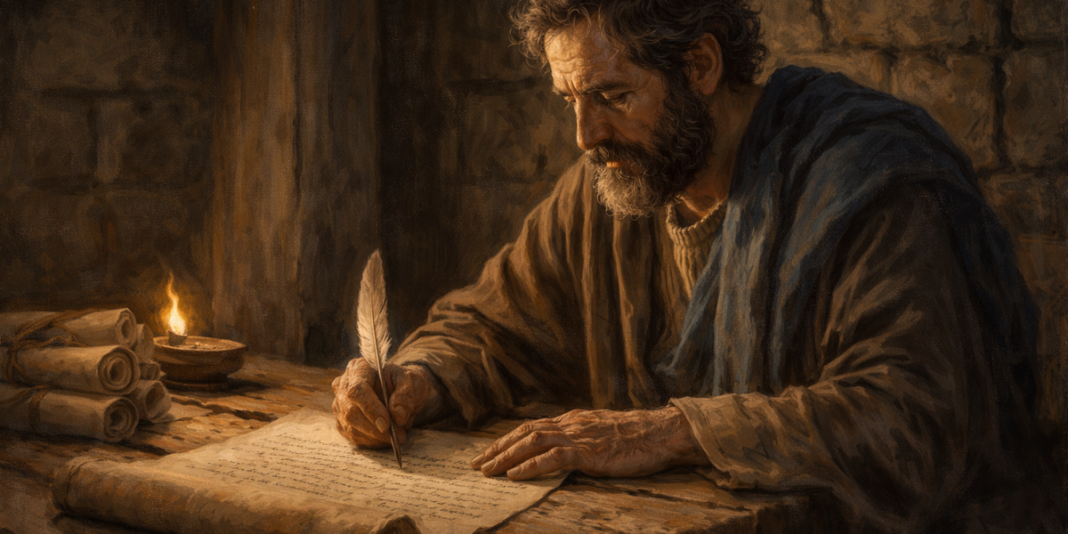 Mão apontando para um versículo em um livro antigo de páginas amareladas.