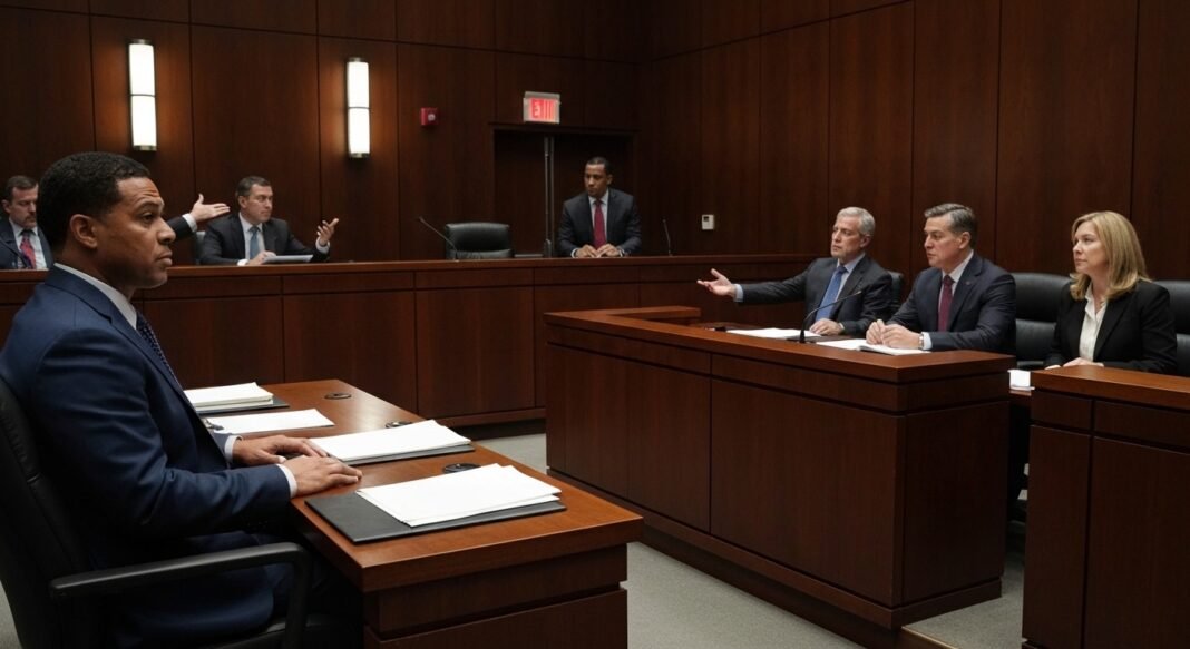 Sala de tribunal onde ocorre julgamento sobre redes sociais e vício em jovens.