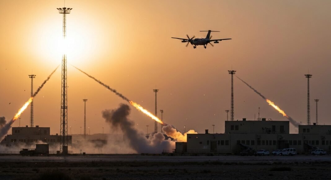 Ataque aéreo militar coordenado entre EUA e Israel contra alvos no Irã, com explosões e fumaça visível.