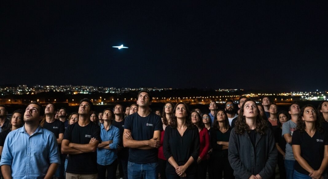 Pessoas observam o céu com apreensão enquanto um OVNI é avistado.