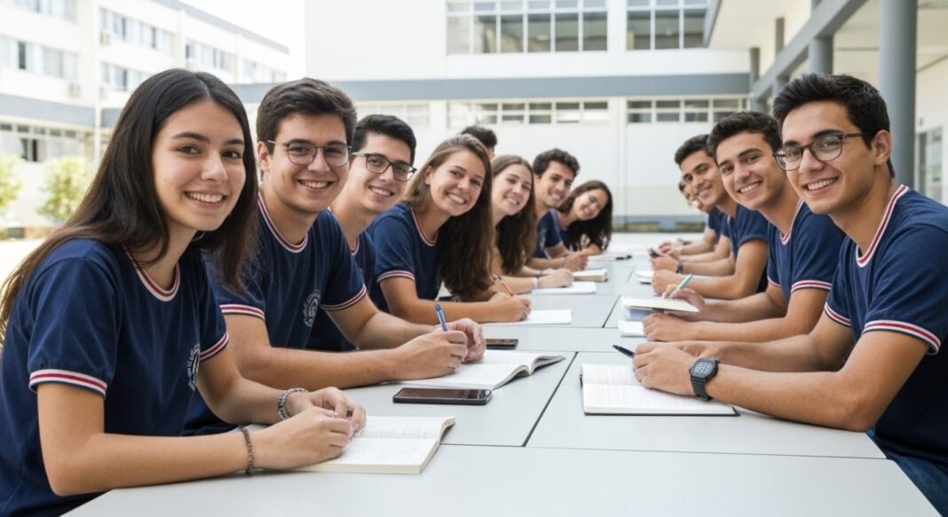 Estudantes universitários interagindo e conversando em um gramado, sem usar celulares.
