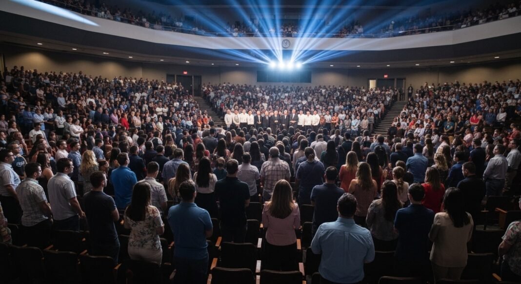 Estudantes em oração em evento na Universidade Liberty