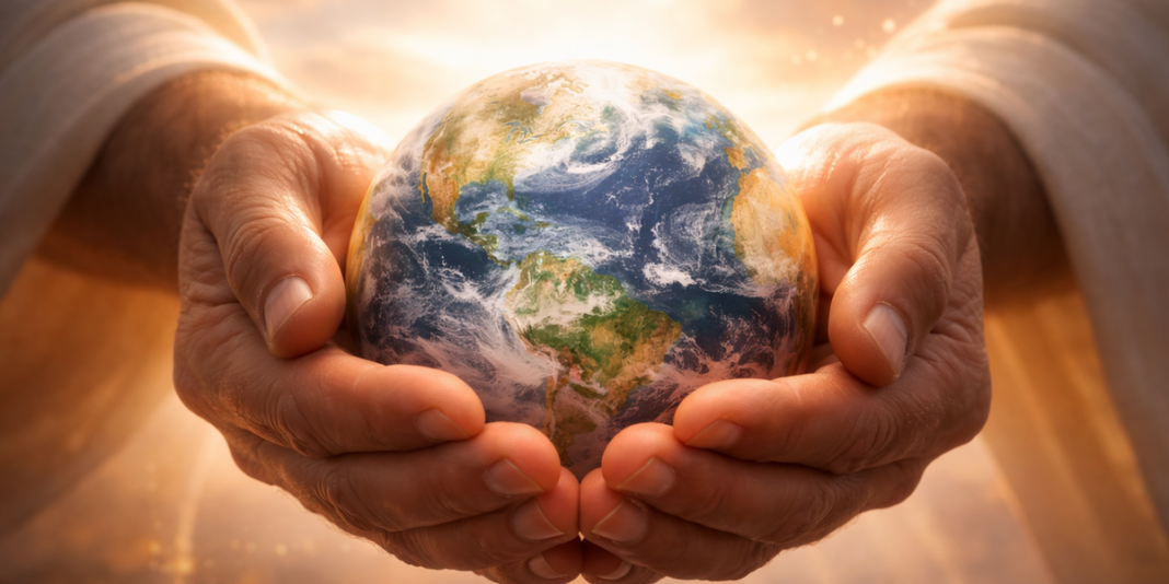 Mão humana segurando um globo terrestre pequeno, simbolizando cuidado e proteção divina.