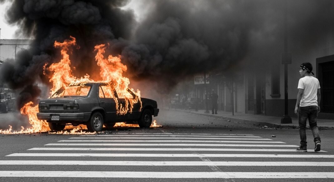 Rua de Guadalajara deserta com veículos danificados após violência do cartel.