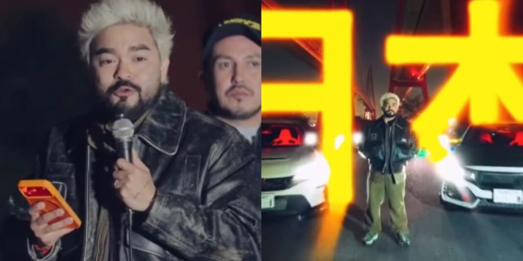 Yudi Tamashiro em evento automotivo no Japão compartilhando mensagem de fé.