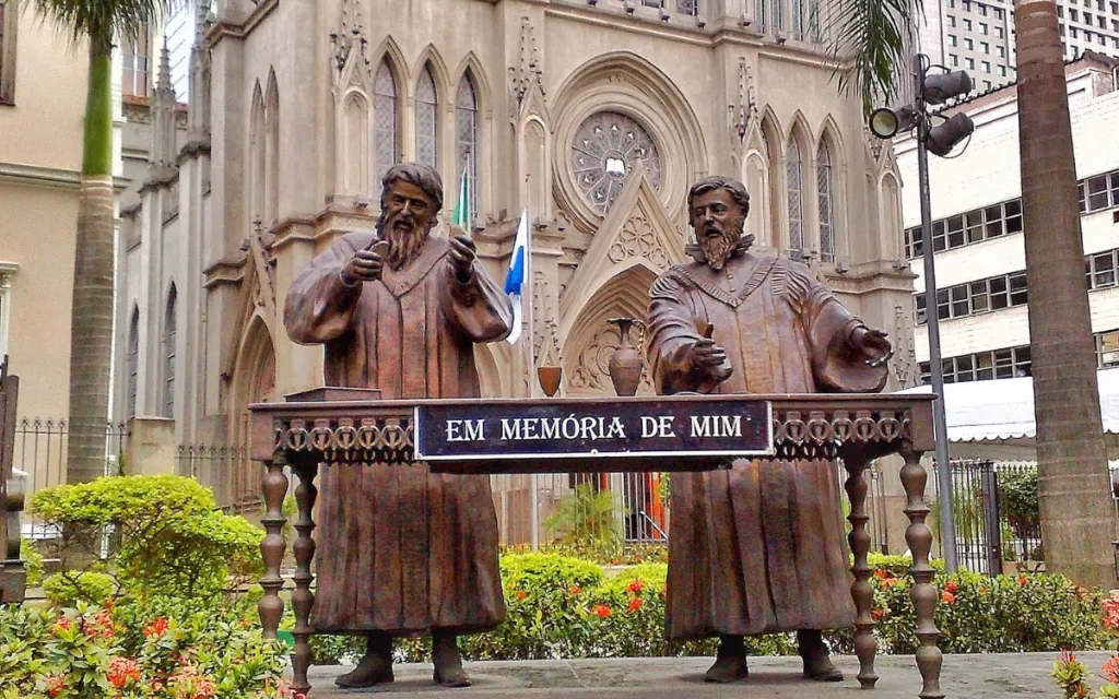 Representação artística do primeiro culto protestante no Brasil em 1557