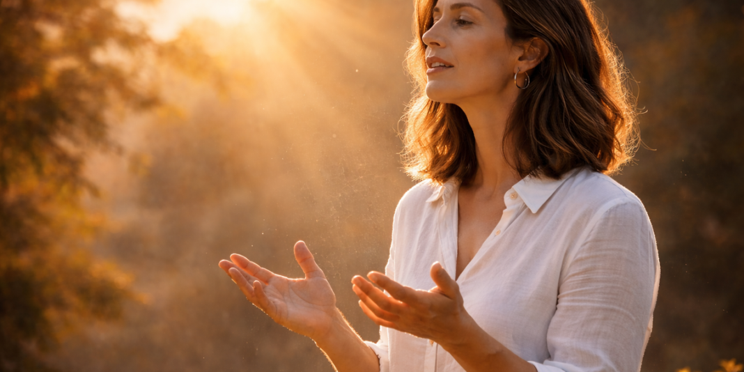 Pessoa falando com a luz iluminando seu rosto, transmitindo intuição e paz.
