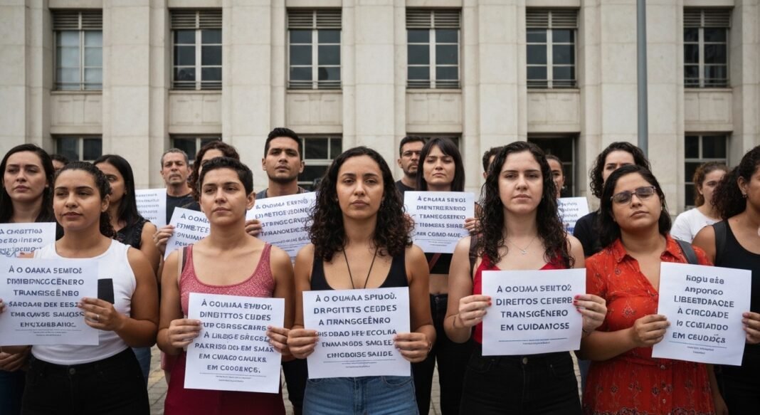 Manifestantes seguram cartazes em apoio aos direitos transgênero em frente a um prédio governamental.