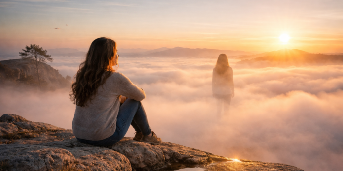 Mulher com expressão pensativa e esperançosa buscando paz interior.