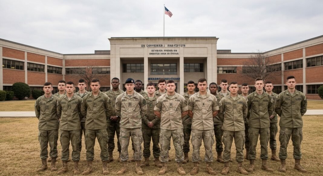 Estudantes da ROTC em frente a edifício universitário após incidente
