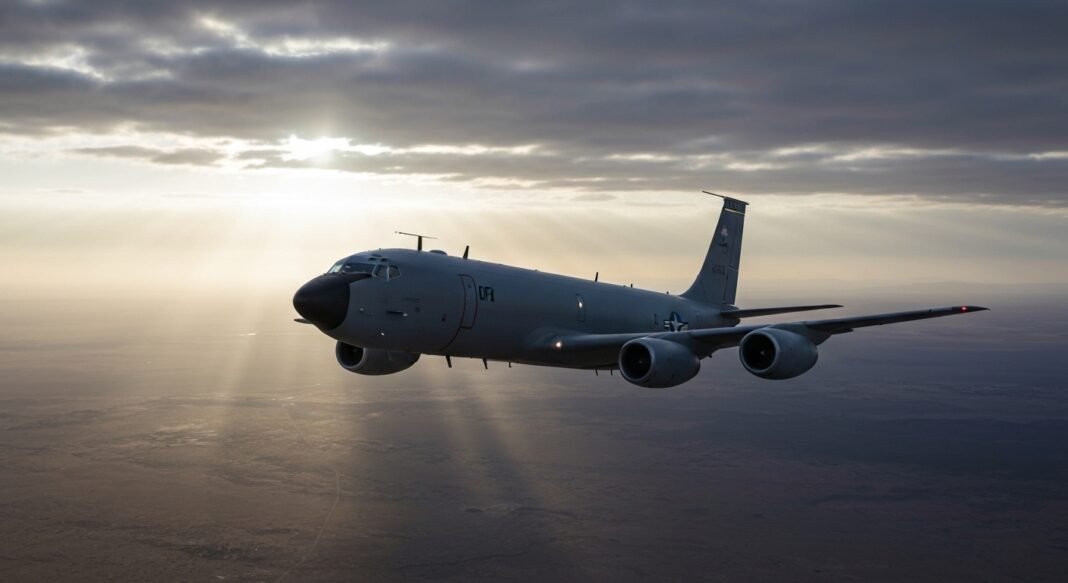 Avião de reabastecimento militar KC-135 Stratotanker dos EUA em voo sobre deserto.