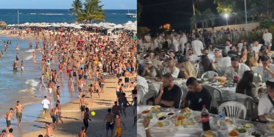 Confronto entre manifestantes pró-Palestina e turistas israelenses em protesto na Bahia, com a polícia militar intervindo.