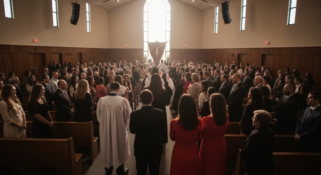 Pessoas sendo batizadas em um grande serviço religioso em uma igreja na Geórgia.