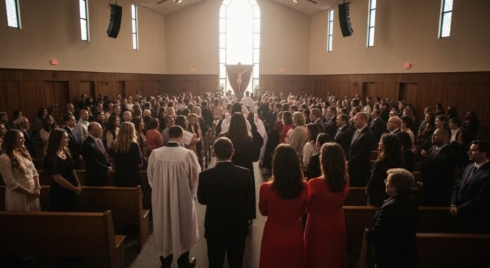Pessoas sendo batizadas em um grande serviço religioso em uma igreja na Geórgia.