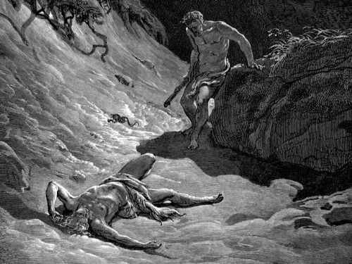 Caim e Abel apresentando oferendas a Deus em um cenário bíblico sombrio.