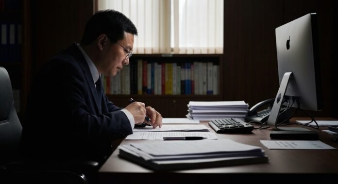 Pressão sobre advogados na China Escritório de advocacia na China sob pressão, com atmosfera tensa.